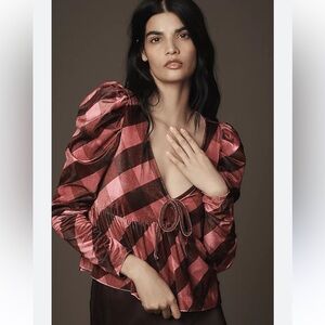 Anthropologie Maeve Pink Black Checkered Velvet Blouse XL Puff Sleeve Top NWT